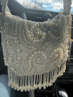 Beaded Pearl Fringe Evening Bag - White